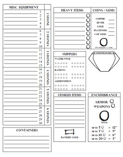 Encumbrance by Stones - Equipment Sheet