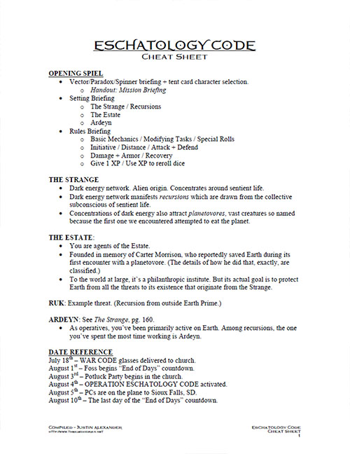 Eschatology Code - GM Cheat Sheet