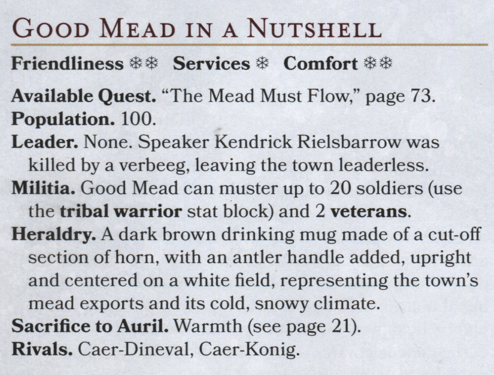 Militia: Good mead can muster up to 20 soldiers (use the tribal warrior stat block) and 2 veterans.